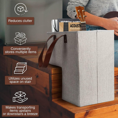 Natural Beige Stair Basket with Handles, Collapsible Woven Staircase Storage Organizer for Home