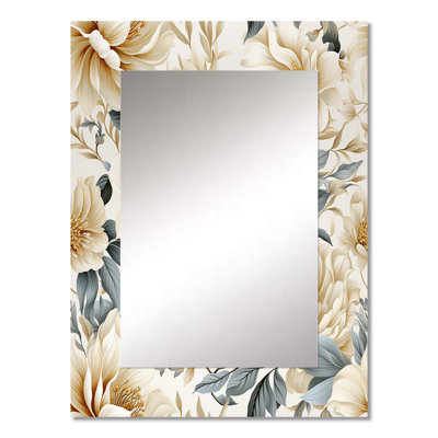 Ansam Beige And Grey Flower Serenity Boho Pattern - Floral Wall Mirror, Cottage Decorative Mirror, Printed Metal Art