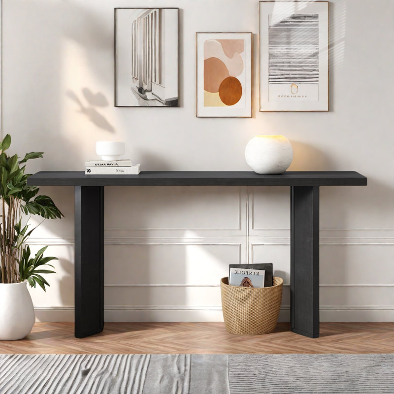 Console moderne avec structure de forme géométrique et grain de bois, Noir