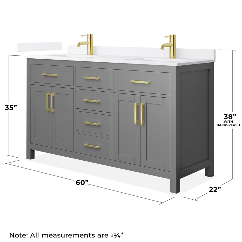 Beckett 60" Freestanding Double Bathroom Vanity with Quartz Top, Dark Gray, Brushed Gold, White Quartz