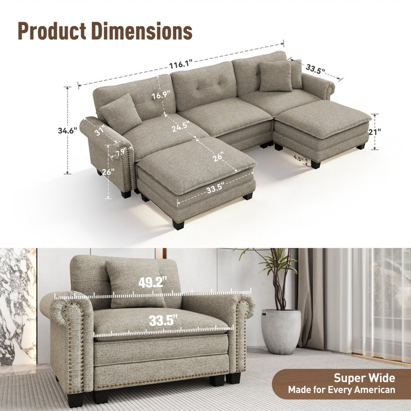 124" Modular Sectional Sofa With Nailhead Trim, Oversized U Shaped Couches With Ottomans, 5-seater Deep Seat Sofa With Throw Pillow