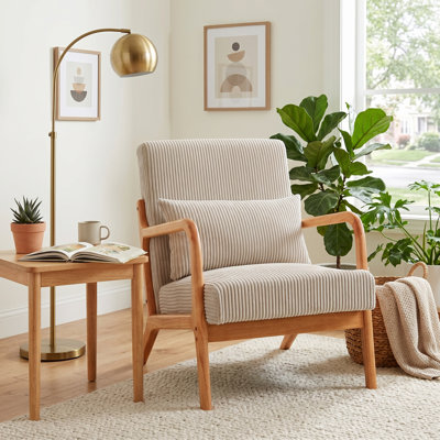 Mid-Century Modern Rubberwood Accent Chair with Lumbar Pillow
