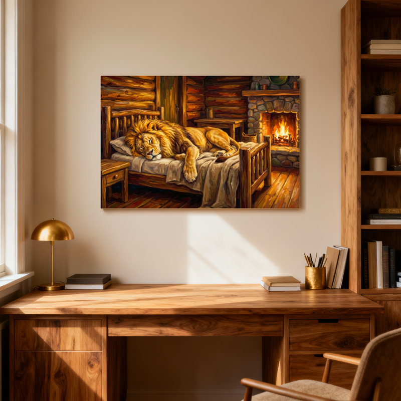 Animaux animaux dormant sur un lit dans une cabane avec foyer, H 12 po x l 18 po