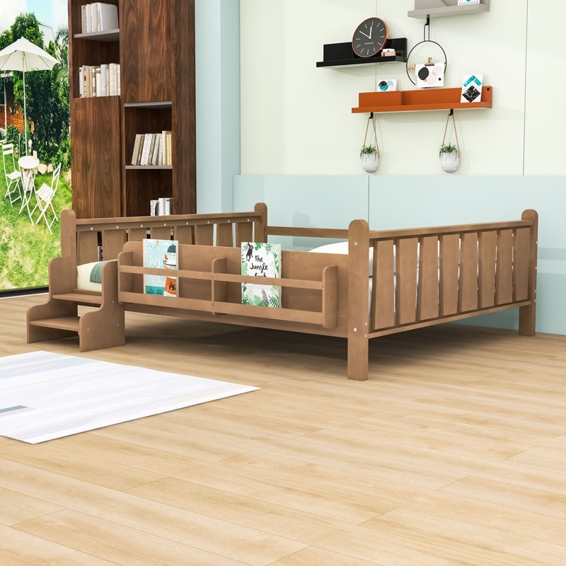 Queen Wood Floor Bed with Storage Bookcases, Natural