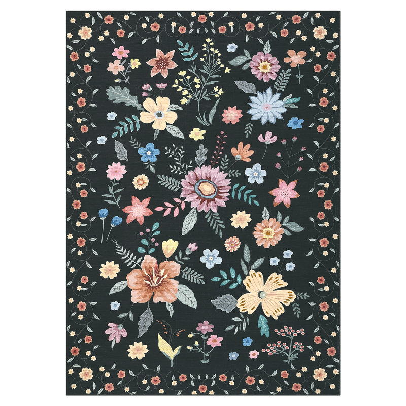 Floral Machine Washable Rug for Living Room Romantic Indoor Carpet for Home Decor Aesthetic Non-Slip Rug for Bedroom Dining Room Office Nursery Playroom Teen Dorm