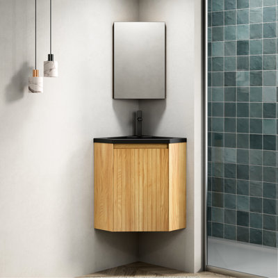 Meuble-lavabo de 30 po avec armoire en contreplaqué naturel, lavabo mural triangulaire flottant en résine noire, convient aux meubles de coin, lavabo et rangement intégrés, petit