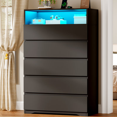 Adriel 5 Drawer Tall Dresser With RGB Light, Power Outlet And Open Shelves