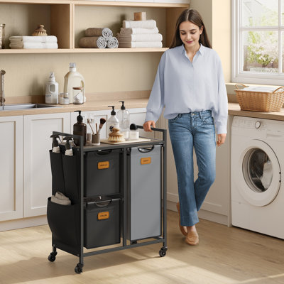 Panier à linge avec 3 compartiments, 26,4 gallons (100 L), trieur de linge, chariot à linge roulant avec tablettes, petites poches latérales, 6 étiquettes, brun châtaignier