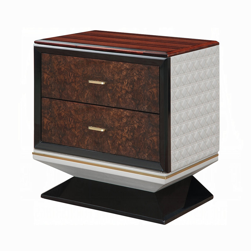 Table de chevet Soen, 2 tiroirs, lin beige matelassé, base piédestal brune