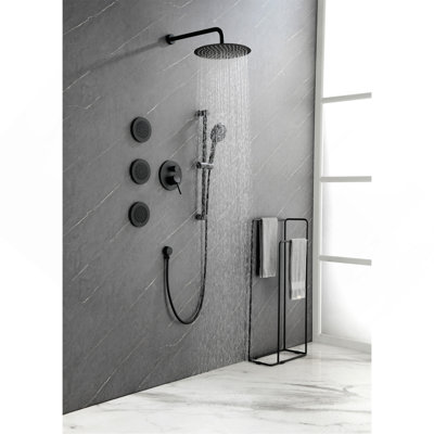 Système de douche avec pomme de douche, douche à main, barre coulissante, jets de corps, bras de douche, tuyau, garniture de valve et poignées à levier