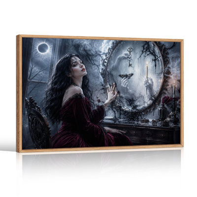 Femme fantastique foncée en robe rouge devant un miroir orné - Toile murale d'Halloween