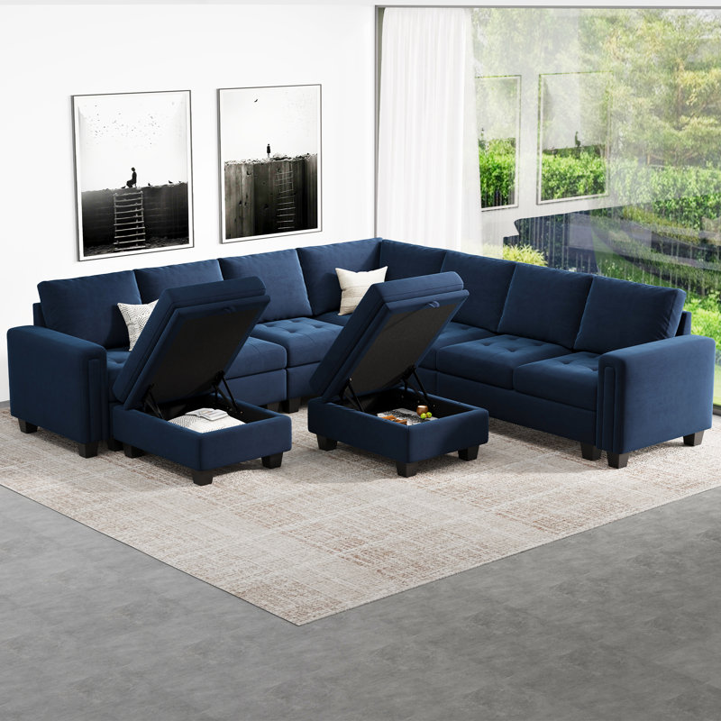 Shavera 8 - Piece Velvet Sectional Sofa Livingroom Coner Couch with 2 Storage Ottomans, Blue Velvet
