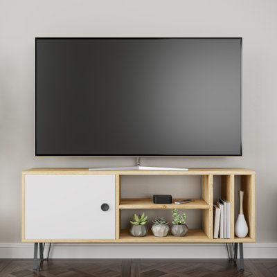 Modern TV Unit with Wall-Mount Option, Oak w/ White, 47.2 x 9.8 x 20.3 inches | 100% Melamine Coated Particle Board, Thickness: 0.7 inches | Features Multiple Shelves for Organized Entertainment Display