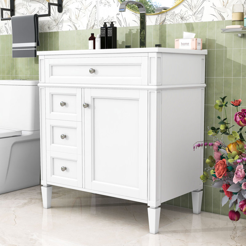 30-Inch Bathroom Vanity with Ceramic Top, Soft-Close Door Cabient and 3 Drawers, White
