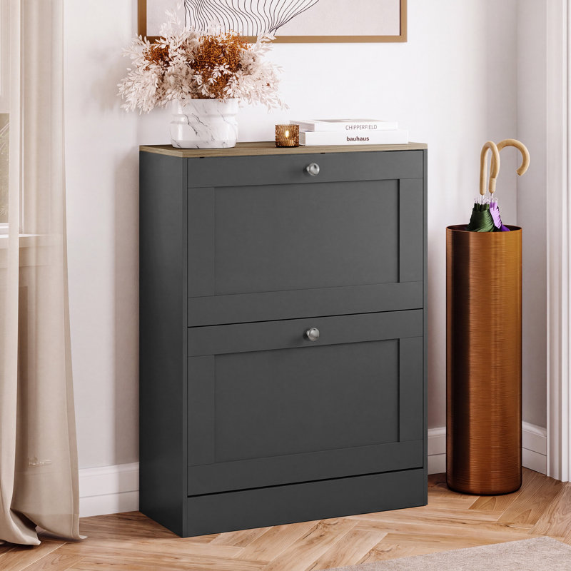 2 Drawer Shoe Cabinet with Top Modern Shoe Storage For Hallway Living Room & Bedroom, Charcoal Grey