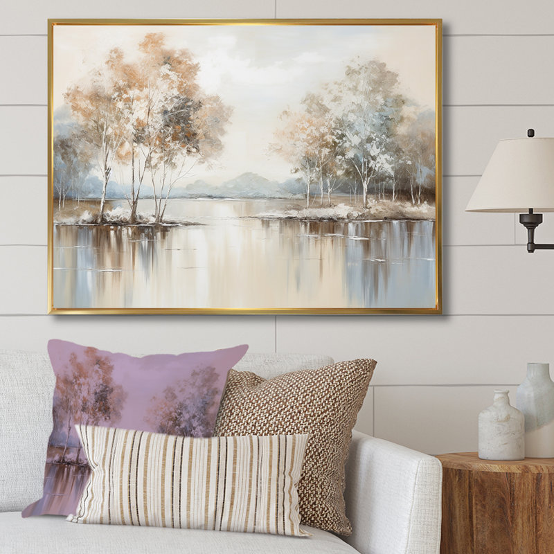 Enchanted River Forest Minimalism Charm - Forest River Wall Art, Gold Floater Framed, 30" H x 40" W