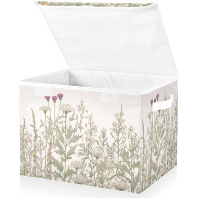 Vintage Colorful Herbs and Wild Flowers Floral Storage Bins with Lids and Carrying Handle