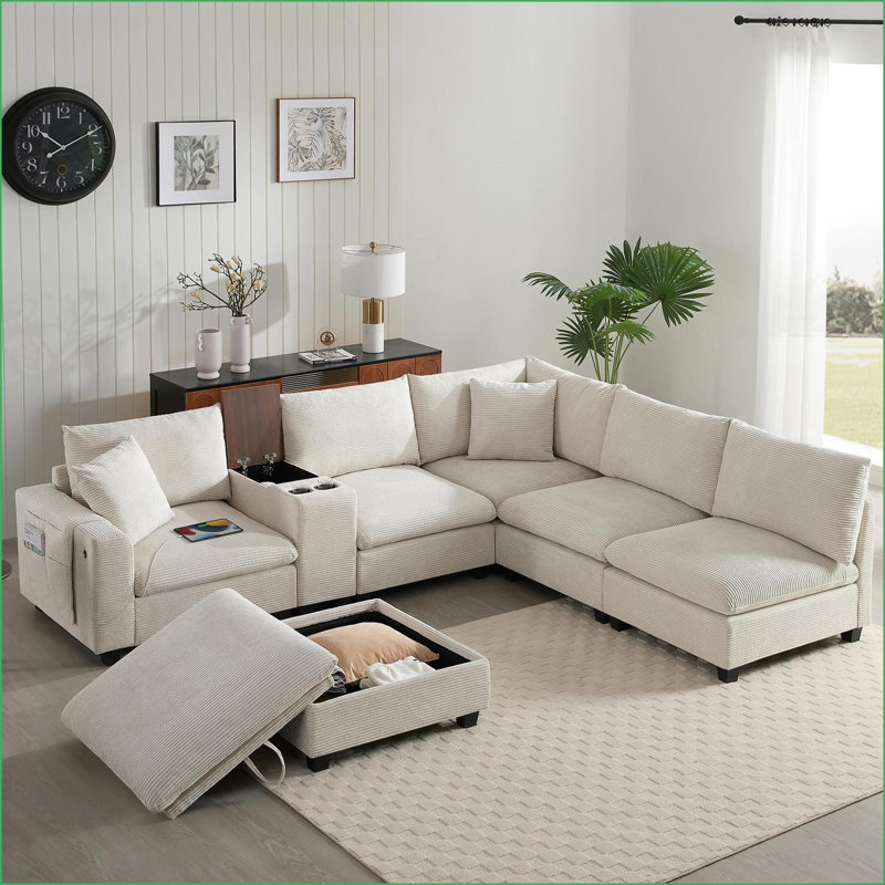 Canapé modulaire, siège modulaire en forme de U de 140 po à 6 places avec rangement, USB, porte-gobelet | Velours côtelé | Beige