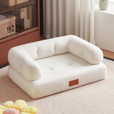 Lit pour chien de 35,4 pouces en faux peau de mouton blanche pour chiens de grande taille et de taille moyenne pesant jusqu'à 70 livres