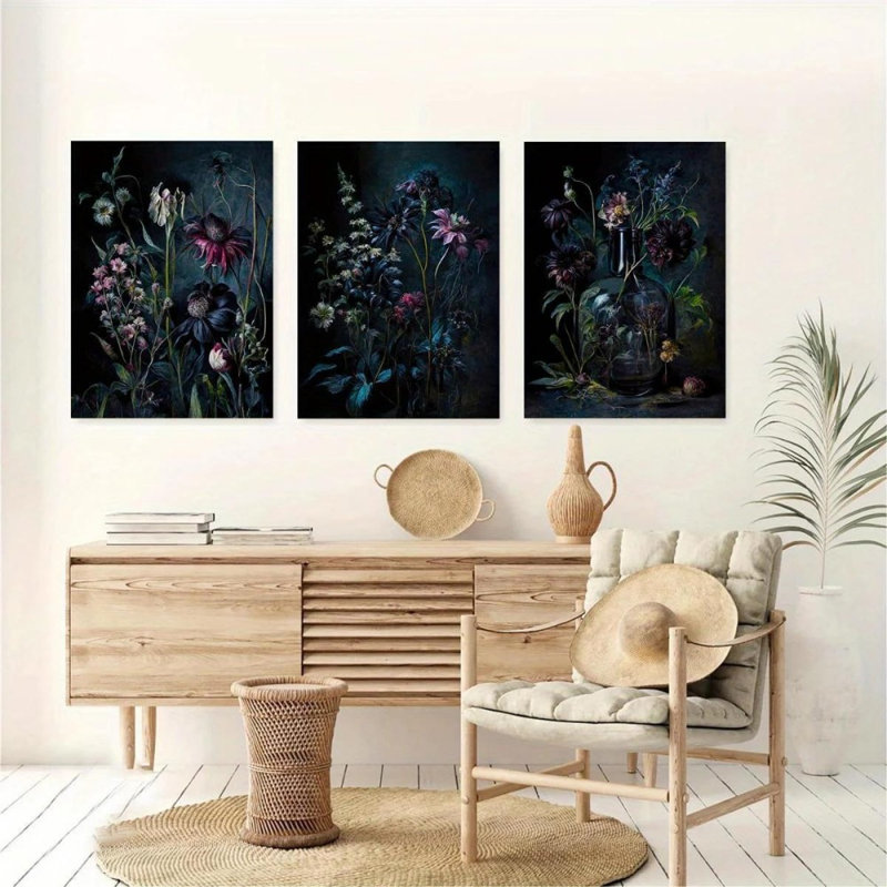 Impression sur toile 3 pièces Moody Gothic Floral - Dramatic Living Space, 36 * 24 pouces 3 pièces