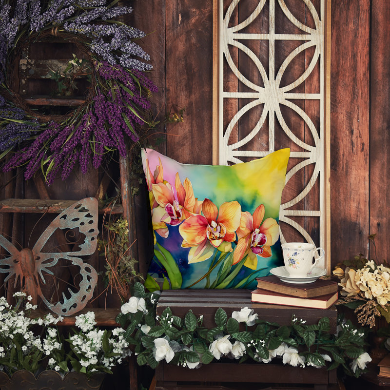 Coussin Orchidées dans l'aquarelle, H 14 po x l 14 po