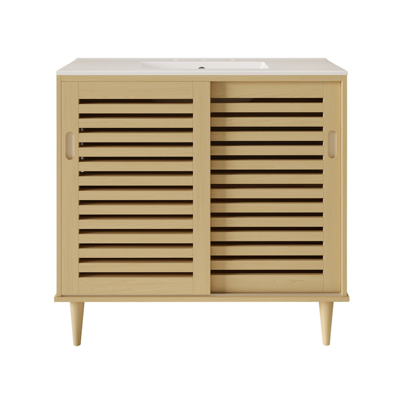 Delice 36" Freestanding Bathroom Vanity In Natural Oak With Sink Top, White Glossy, 8" Widespread