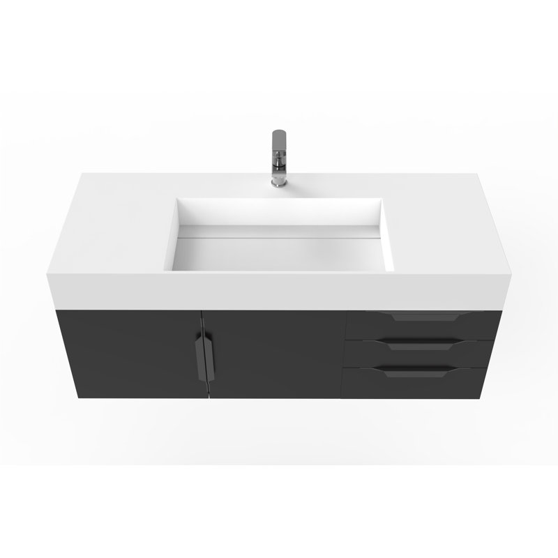 Meuble-lavabo mural simple 48 po avec comptoir à surface solide 48 po, Blanc, Noir, Noir