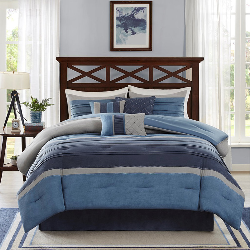 Ensemble d'édredon 7 pièces en microsuède bleu marine, Édredon très grand californien + 6 pièces suppl, Patchwork bleu marine