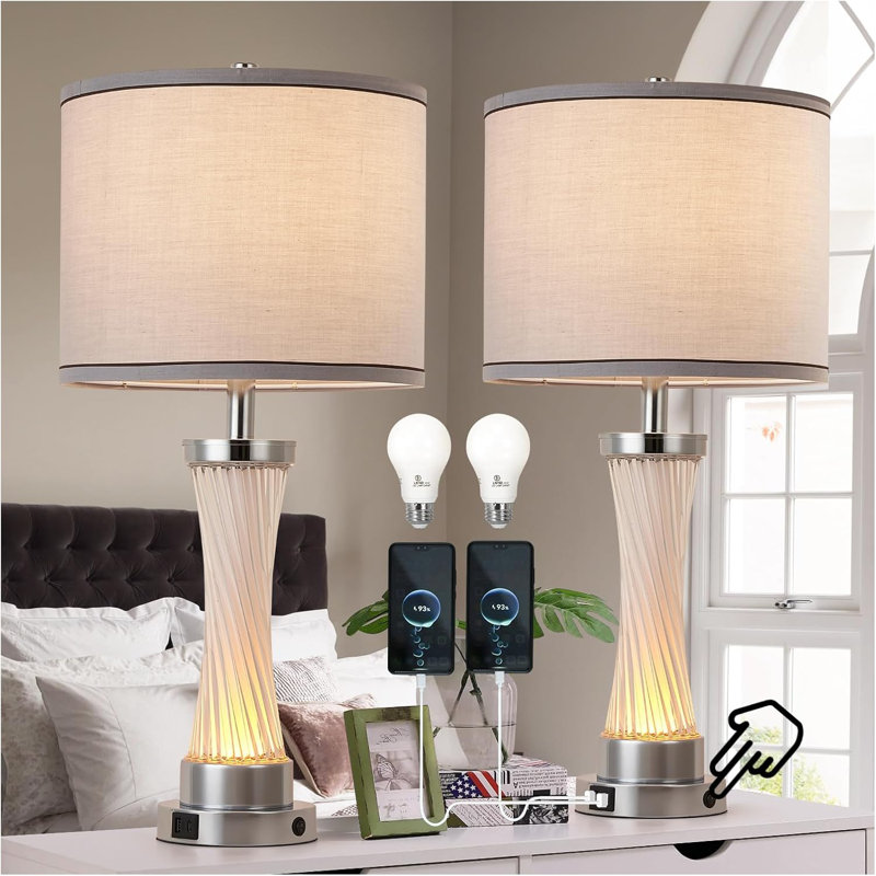 Ensemble de 3 lampes de table en cristal à intensité variable, veilleuse tactile avec ports USB, abat-jour en tissu moderne