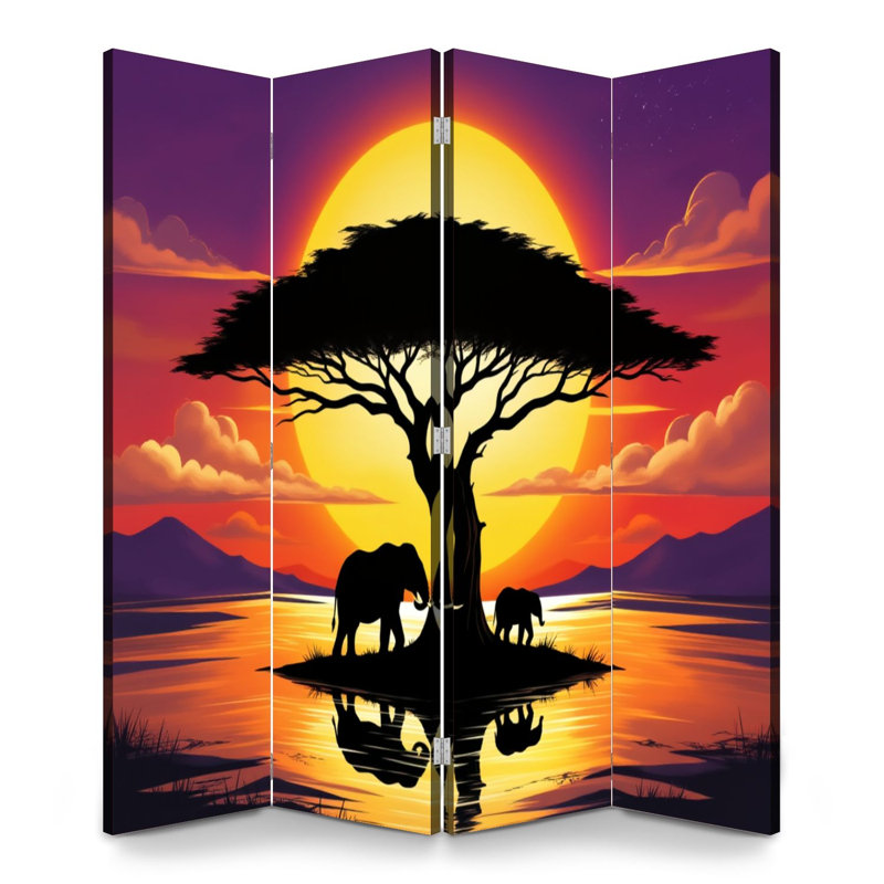 Cloison pliante 4 panneaux Royal Elephants Silhouetted Against Vibrant Sunset Tree Reflection Toile Séparateur de pièce, 4