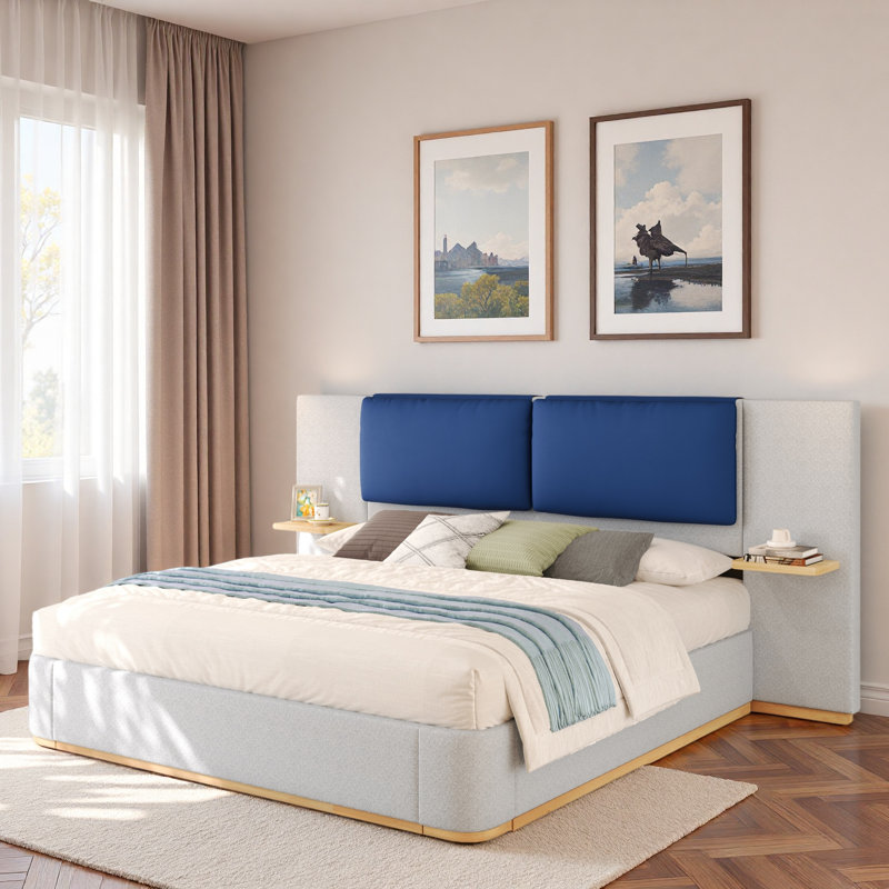 Lit plateforme tapissier avec tablettes, Gris, Grand lit