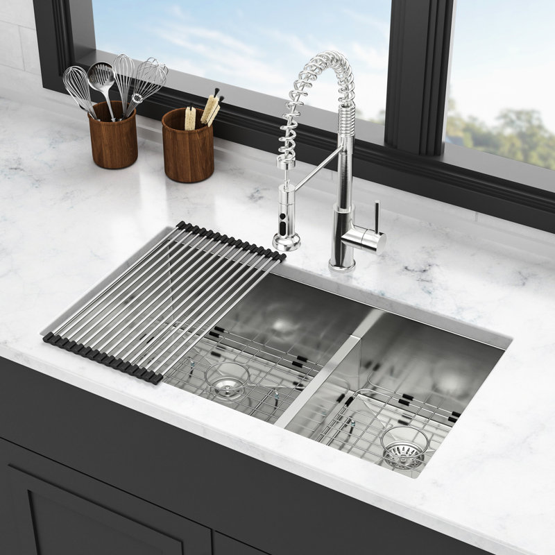 33X19x10 Inch Undermount Double Bowl  60/40  Kitchen Sink, 16 - Gauge Stainless Steel Material, Two 10" Deep Basins, Rear 3.5 Drain Compatible With Standard Garbage Disposal, X Grooves For Efficient