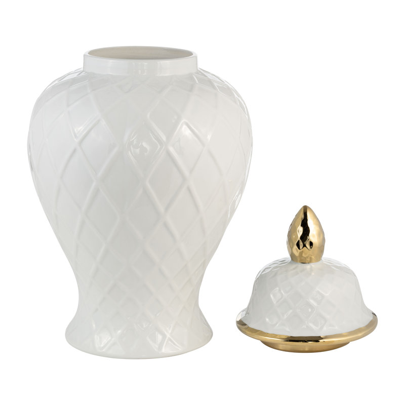 Idena Stoneware Ceramic Decorative Lidded Jar with Textured Design and Elegant Detailing, 20" H x 11" W x 11" D, White/Gold