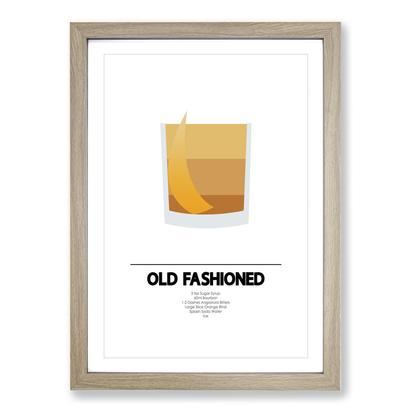 Old Fashioned Cocktail - Picture Frame Graphic Art on MDF, 36cm H x 27cm W x 2cm D, Oak Framed