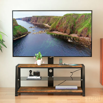 Meuble télé universel pivotant pour salon avec verre trempé et support - brun rustique