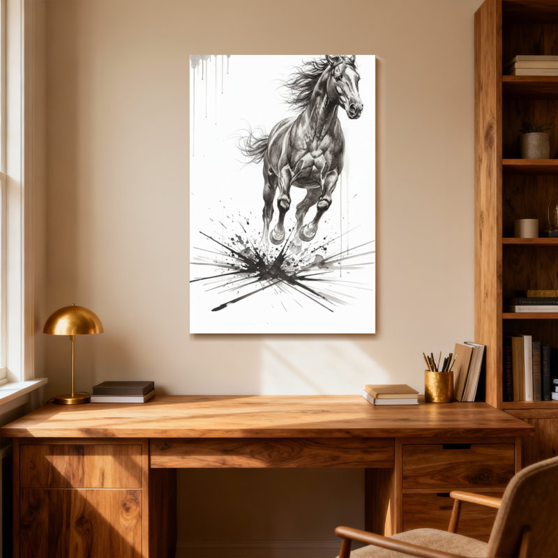 Animaux, cheval dynamique au galop avec éclaboussures d'encre, 40" H x 28" W