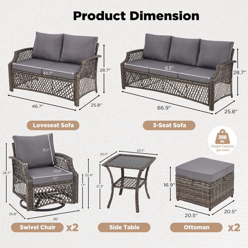 7 Piece Patio Furniture Set, Wicker Outdoor Conversation Sofa Set With Swivel Chairs, 2 Ottomans, Glass Side Table, Gray