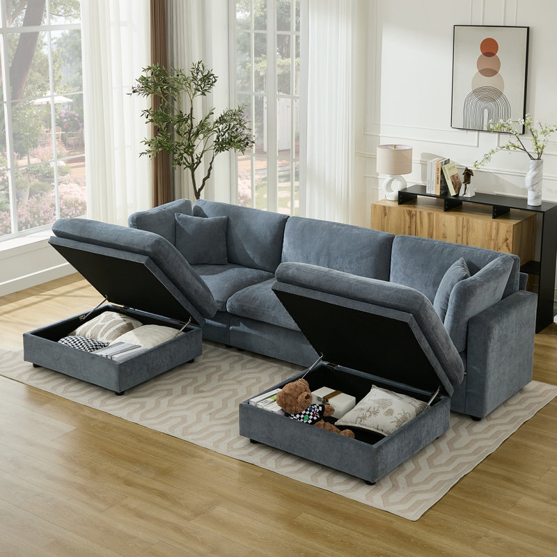 Canapé modulaire surdimensionné rembourré de duvet avec repose-pieds, H 34,6 po x l 118,5 po x P 66,9 po, Gris