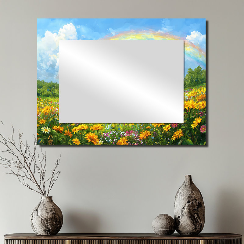 Arc-en-ciel dans un champ de fleurs sauvages - Art mural miroir de paysages - imprimé sur métal, 24 po x 32 po