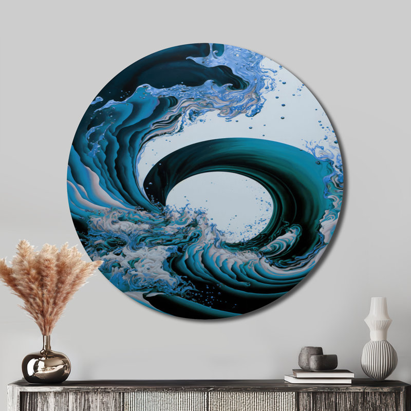 «Abstract Waves Iv», art mural rond en spirale abstraite sur métal, H 36 po x l 36 po, Turquoise