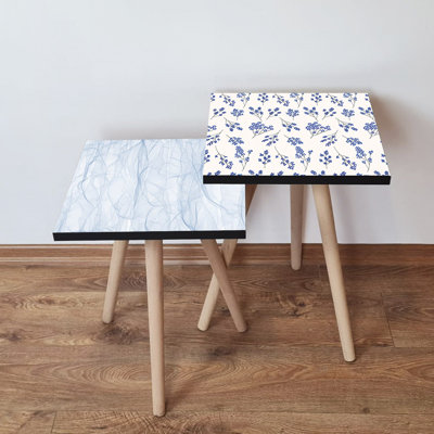 Modern Nesting Tables (2 Pieces), Light Blue & White with Navy Accents, 13.8 x 18.5 x 13.8 in (Big) & 13.8 x 16.5 x 13.8 in (Small) | 100% MDF with Beech Wood Legs | Stylish & Functional for Living Room & Office Decor