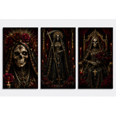 Grand ensemble de 3 reproductions d'art sur toile de style baroque rouge et noir pour la décoration de chambre à coucher 16 x 24 pouces de Santa Muerte