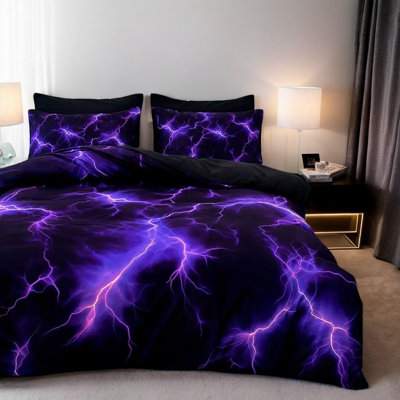 Purple Lightning Microfiber Duvet Cover Set with Pillowcases, Digital Print Electric Storm Front with Solid Black Back, Reversible Bedding, Queen, Comforter and Pillow Inserts Not Included