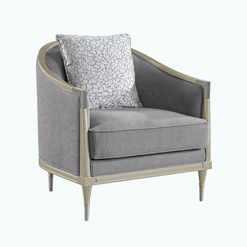 Modern Gray Chenille & Champagne Chair W/Pillow