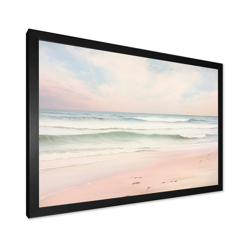 «Ocean Tranquility Tender Pink Pastel Sunrise I - Coastal Beach», art mural, H 34 po x l 44 po, Cadre photo unique, Noir