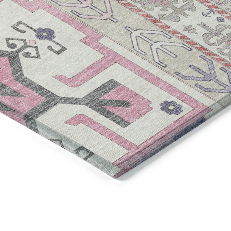 3' X 5' Pink Gray And Ivory Aztec Washable Indoor Outdoor Area Rug