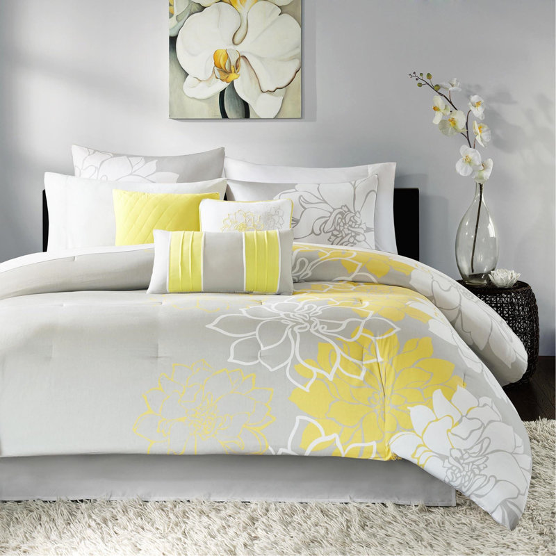 Ensemble d'édredon en satin de coton imprimé, Jaune/gris, Grand édredon et 6 pièces supplémentaires