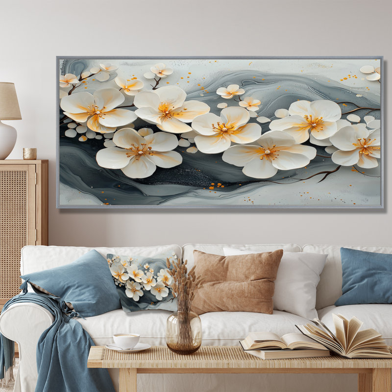 Velours noir fleurs de cerisier I - art mural encadré fleur de cerisier, H 28 po x l 60 po, Cadre flottant, Argent argent