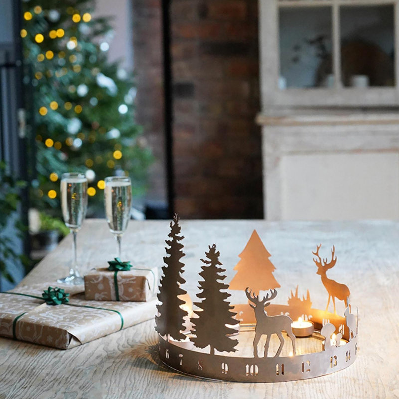 Round Metal Advent Forest Tealight Centrepiece in Copper