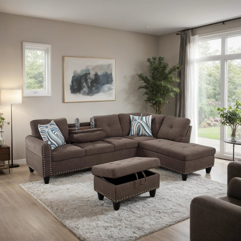 Canapé modulaire 3 pièces, Lin brun, Orienté à droite